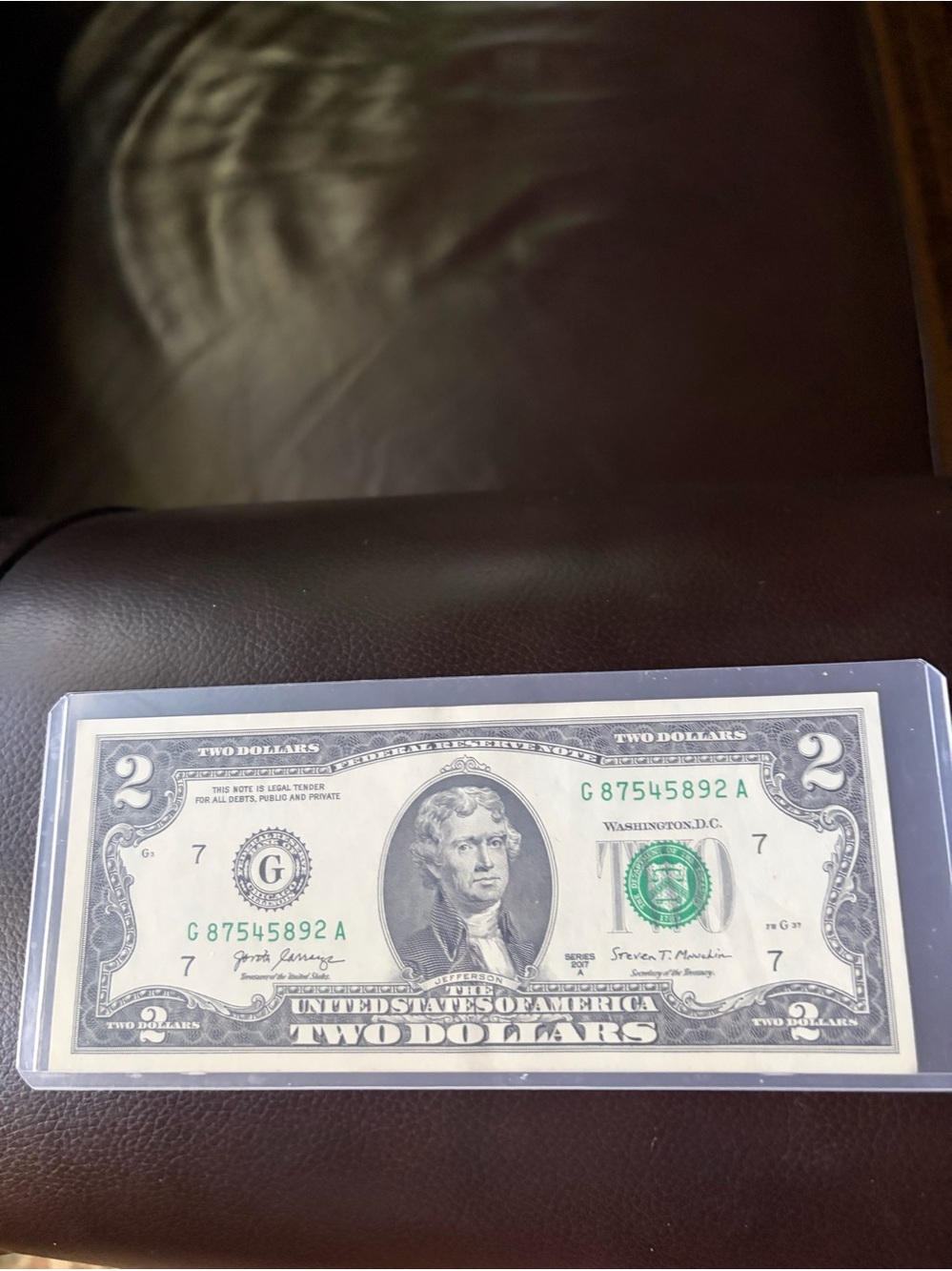 2017 Two Dollar Bill. This bill is crisp but not uncirculated.